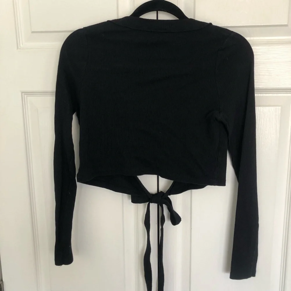 Black Zara Ribbed Wrap Long Sleeve Crop Top Size L